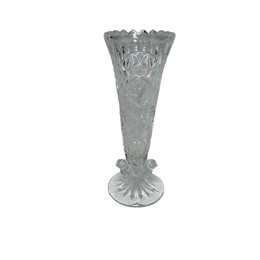 Hofbauer Byrdes Cut Crystal 7” Tall Vase with Sawtooth Edge Birds Fast Shipping